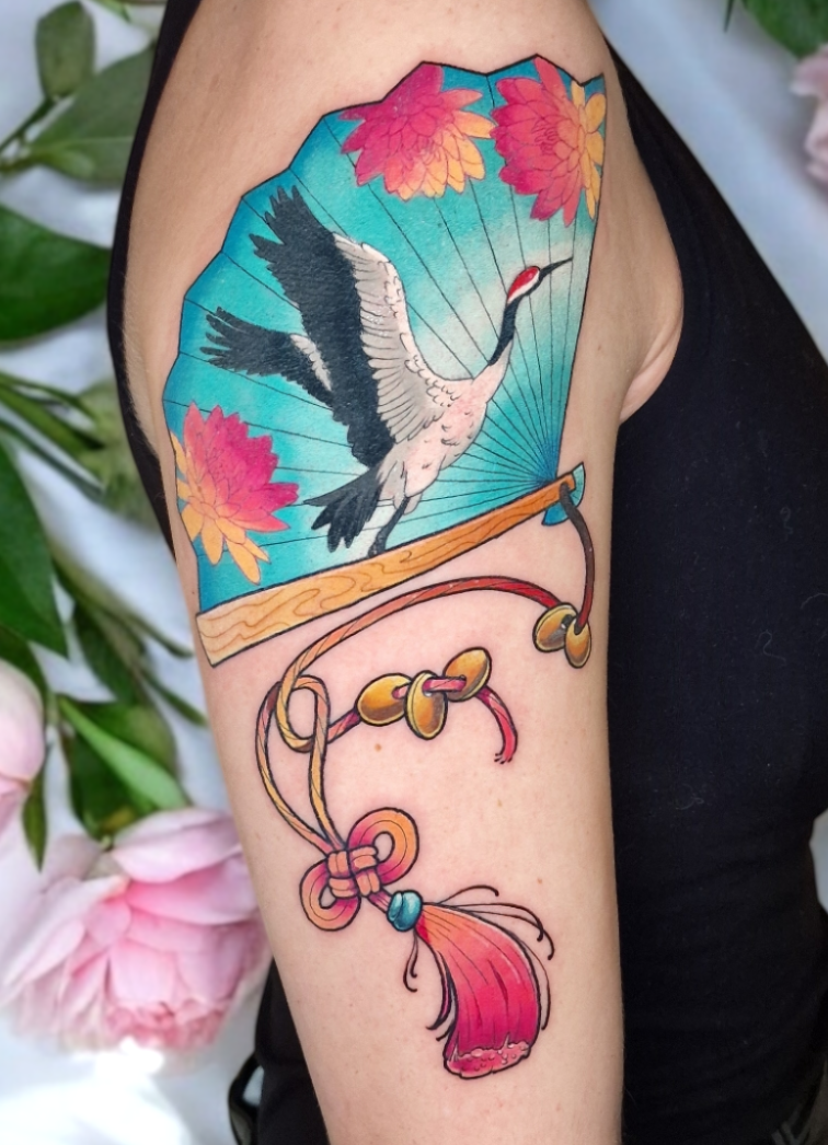 tatouage grue japonaise couleur toulouse éventail