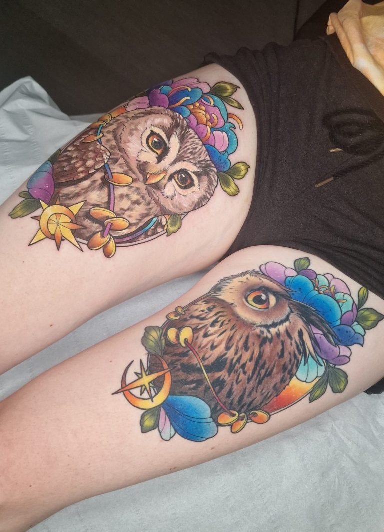 tatouage chouette hibou neo traditionnel couleur toulouse