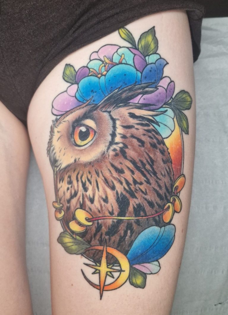 tatouage hibou toulouse neo traditionnel tatoueuse joon